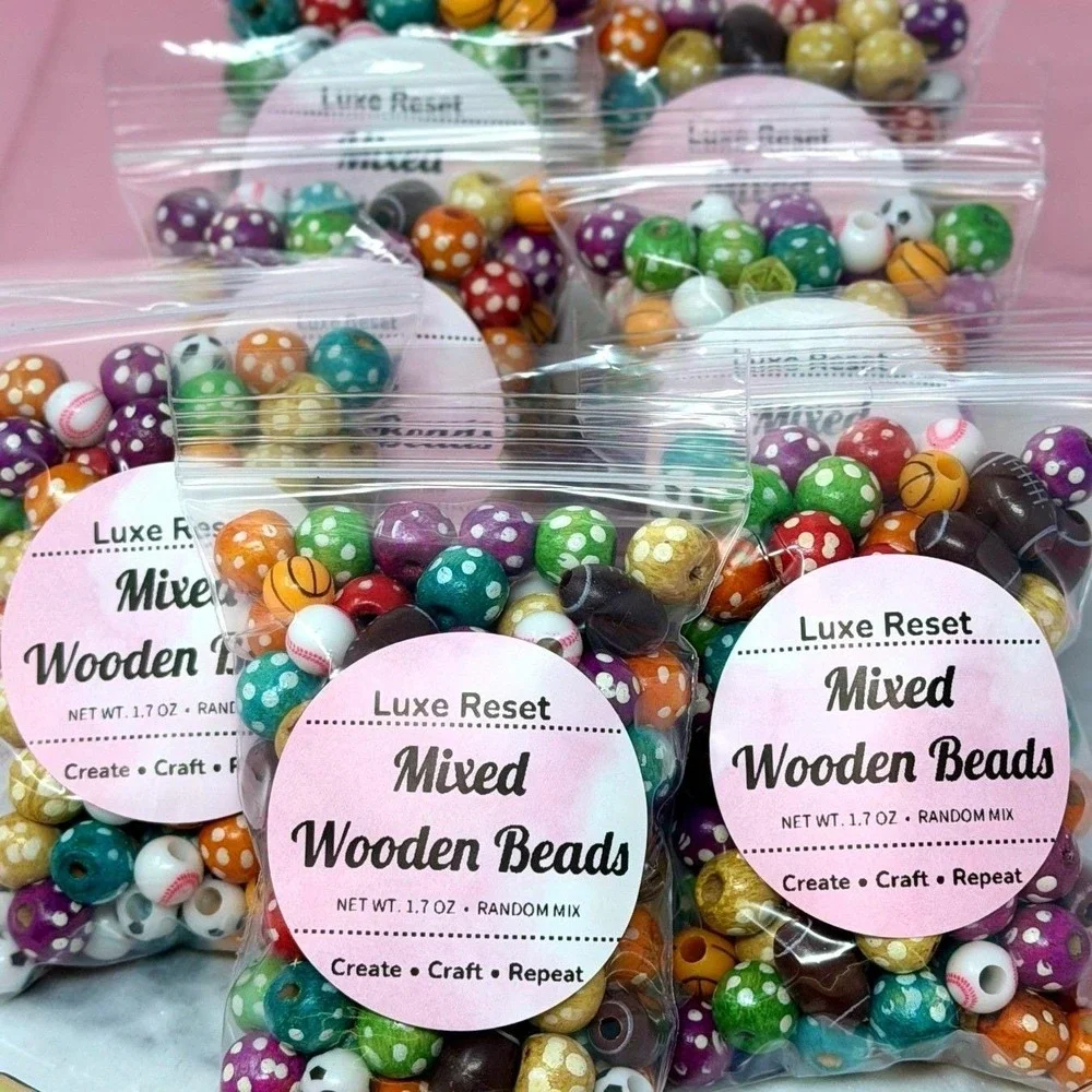 Luxe Reset 1.7oz Mixed Wooden Beads Polka Dot Sports Craft Jewelry DIY Mix